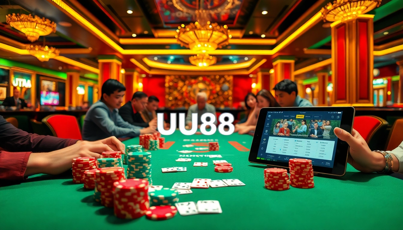 UU88 casino poker table scene with vibrant chips and cards, capturing the thrill of gaming.