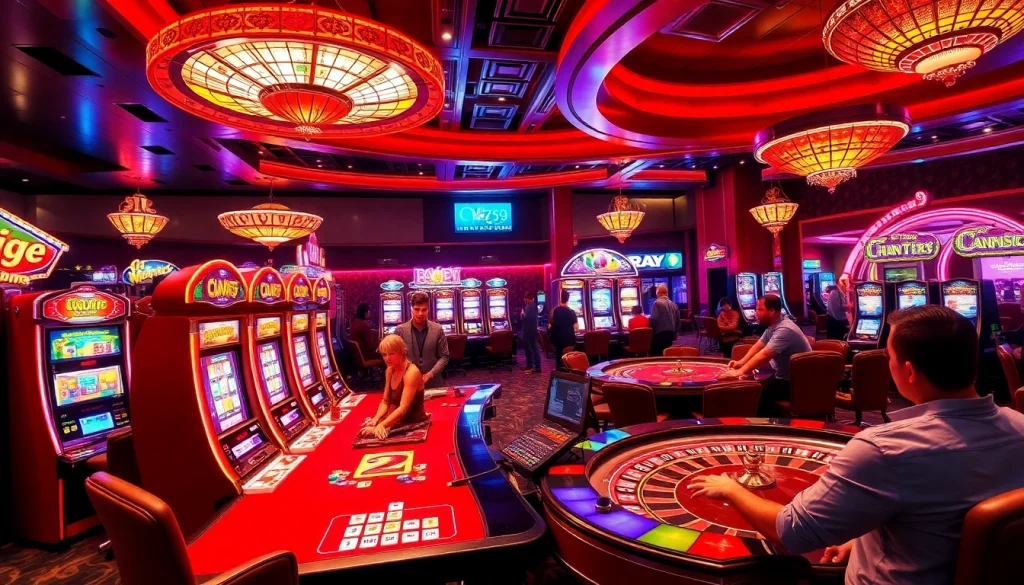 Experience the excitement of winning at OK789 in a lively casino with colorful slot machines and poker tables.